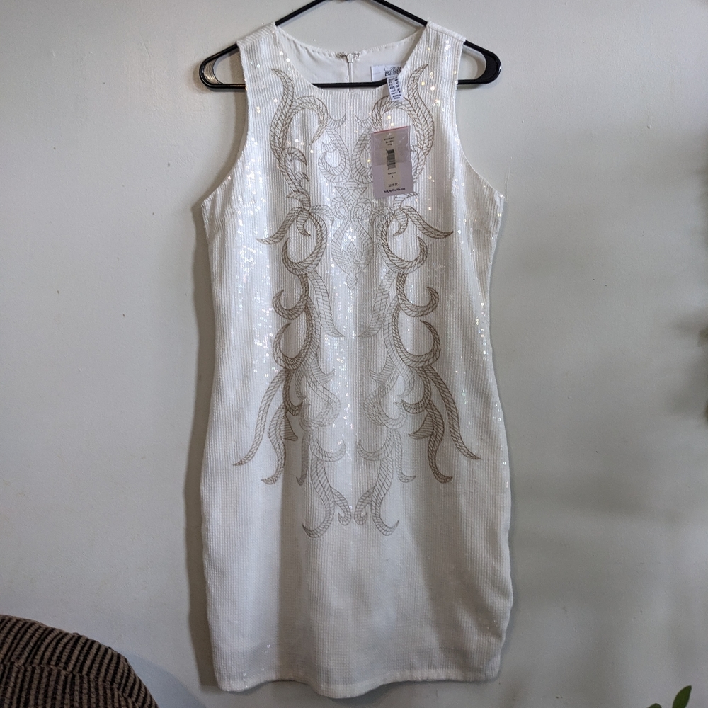 Bagley Mischka White Champagne Dress with Sequins and Gold Details Size 8
